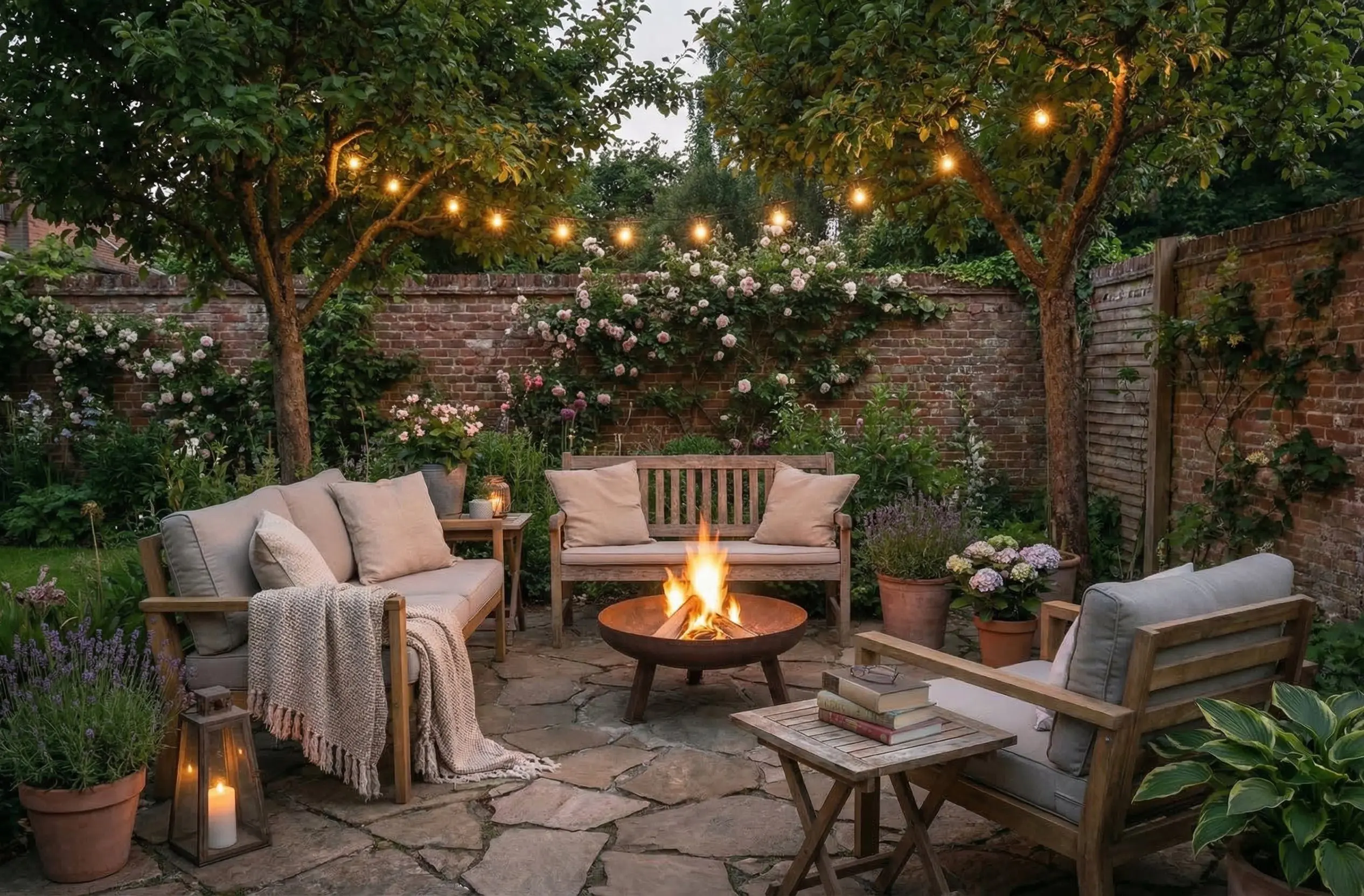 Gezellige tuin, met mooi tuinmeubilair, gezellige verlichting en open haard. Goed weer, mooie kussens en leuke plaid.