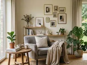 Decoratie, een mooie zetel, met plaid, kussen, plantjes en kaders aan de muur.