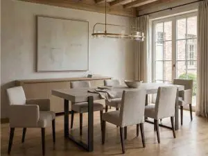 Eetkamer modern met grote eettafel en veel lichtinval. Veel zitruimte aan de tafel met mooie stoelen.