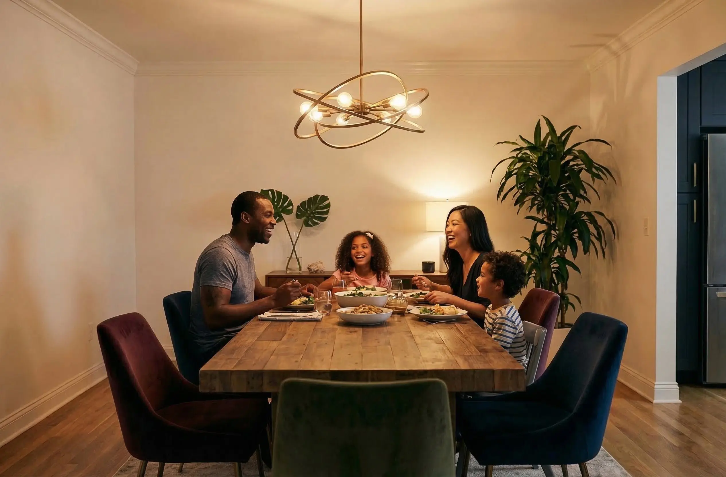 Gezellig gezin in de eetkamer aan het eten.