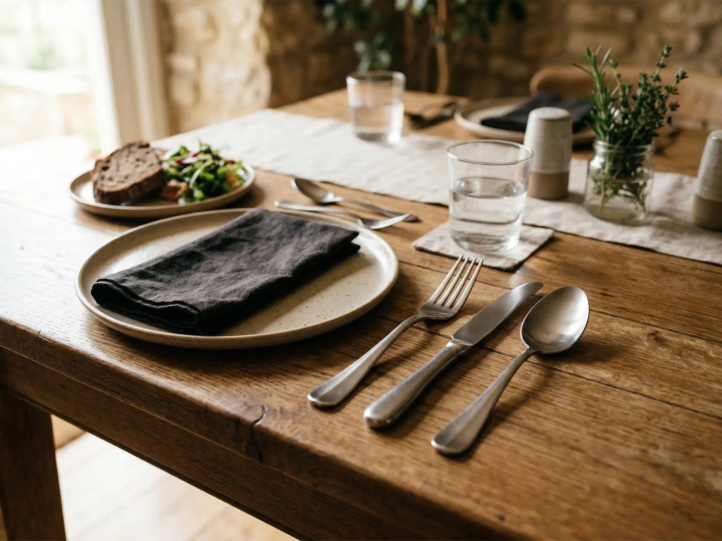 Mooi opgedekte tafel, met vork, mes, lepel, mooi servies en serviette