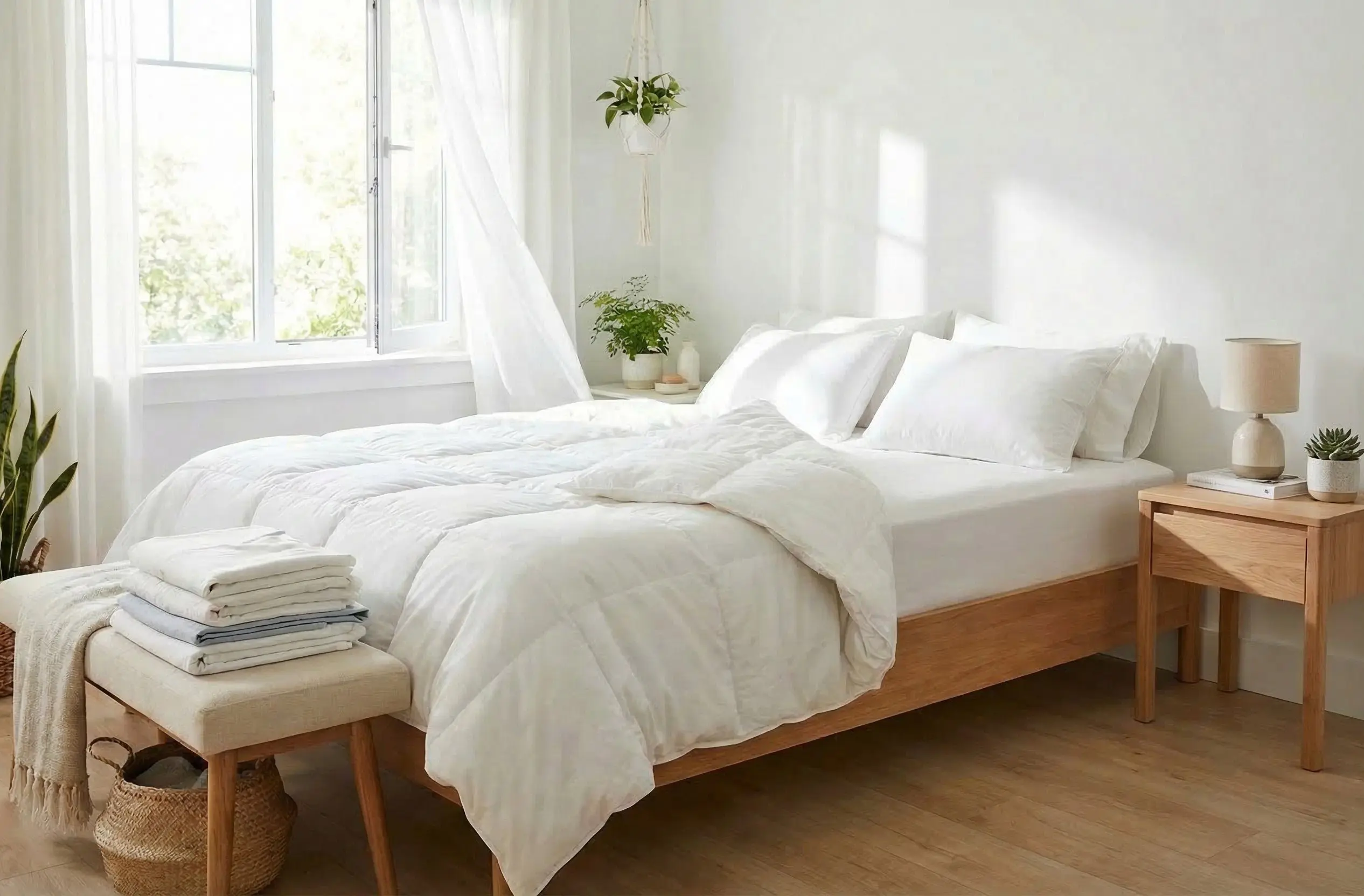 Hygiëne bed, moderne kamer met houten bedkader en moderne aankleding.