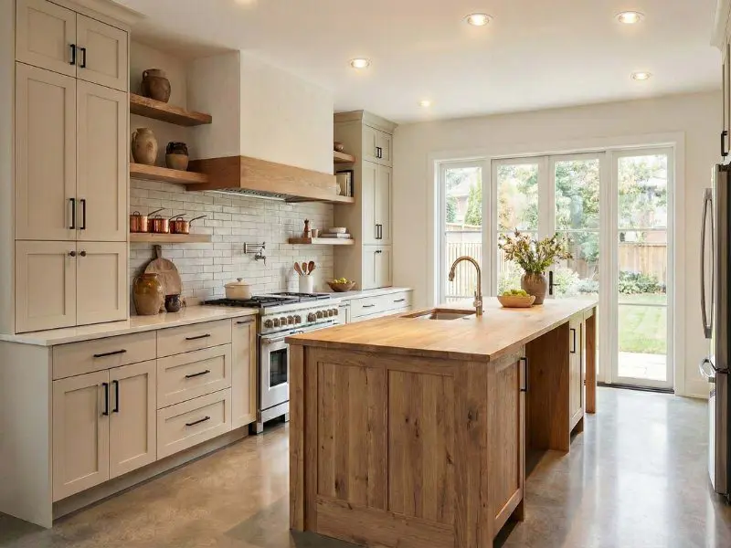 Mooie landelijke moderne keuken die warmte uitstraalt maar toch strak is.