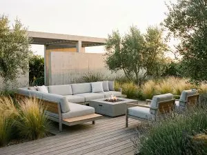 Mooie strakke loungeset in een prachtig moderne tuin met veel groen.