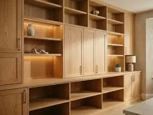 Moderne maatwerk kast met open en gesloten gedeeltes.
