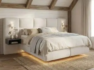 mooi zwevende witte boxspring in landelijke slaapkamer.