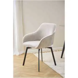 Armstoel in beige stof met mat zwart stalen onderstel