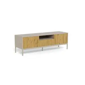 Meuble TV 140 cm, mélamine grise et acier gris mat
