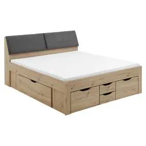 Lit coffre 180 x 200 cm, décor chêne artisan et tissu gris