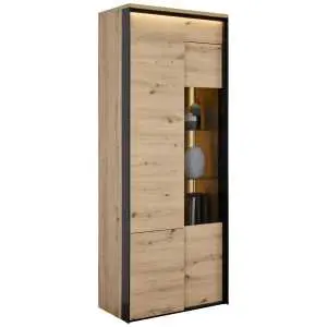 Vitrine 200 cm, Chêne Artisan avec Liseré Noir et Éclairage