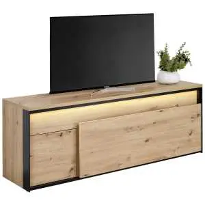Meuble TV 155 cm, chêne artisan et bordure noire
