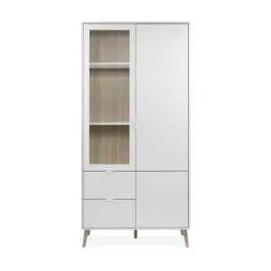 Vitrine 190 cm, décor chêne et blanc, fond effet bois
