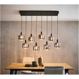 Hanglamp zwart met rookglas en 8 lichtpunten
