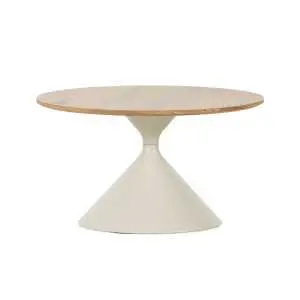 Table basse diamètre 70 cm, imitation bois et métal thermolaqué blanc