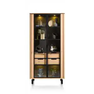Vitrine 100 x 200 cm, bois naturel, avec 2 portes et 2 tiroirs