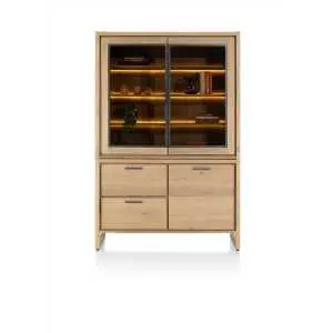 Vaisselier 140 cm, portes vitrées, 2 tiroirs, LED