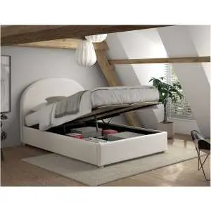 Bed 140×200 in witte bouclé met opbergruimte Bed 140x200 in witte bouclé met opbergruimte