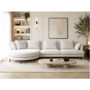 Hoeksalon met roundcorner links in lichtbeige stof Hoeksalon met roundcorner links in lichtbeige stof