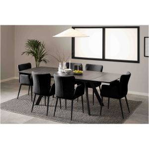 Eettafel 160(240) cm, keramiek Fairbanks rough black met mat zwart stalen onderstel Eettafel 160(240) cm, keramiek Fairbanks rough black met mat zwart stalen onderstel