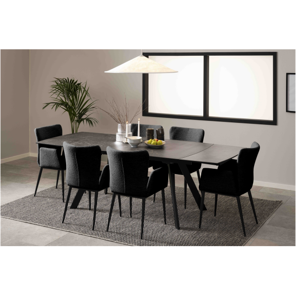 Eettafel 160(240) cm, keramiek Fairbanks rough black met mat zwart stalen onderstel Eettafel 160(240) cm, keramiek Fairbanks rough black met mat zwart stalen onderstel