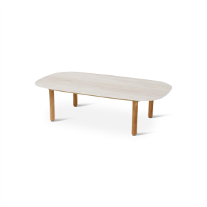Salontafel 120 x 65 cm, sintered stone travertin en teak naturel Salontafel 120 x 65 cm, sintered stone travertin en teak naturel