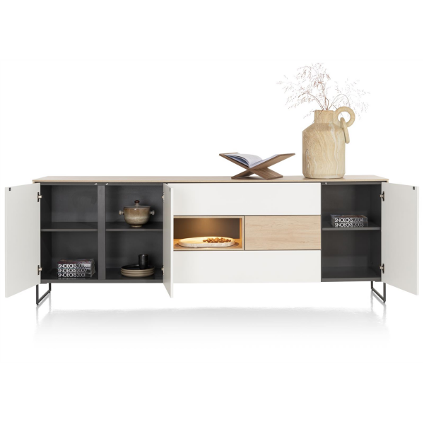 Dressoir 240 cm, warme houtafwerking, met 3 deuren, 3 lades en open nis Dressoir 240 cm, warme houtafwerking, met 3 deuren, 3 lades en open nis