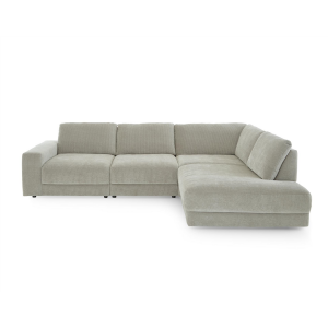 Hoeksalon 316 cm, zilverkleurige stof, zitdiepteverstelling en hocker rechts