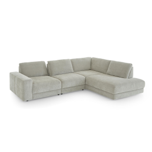 Hoeksalon 316 cm, zilverkleurige stof, zitdiepteverstelling en hocker rechts