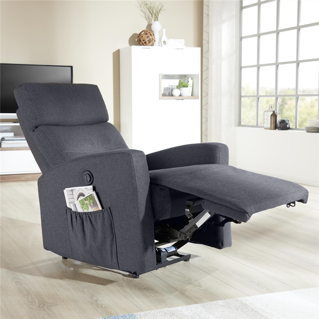 Fauteuil télé Stan, tissu Sunday anthracite à surpiqûre blanche
