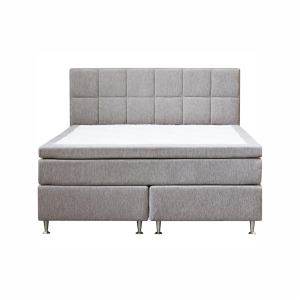 Boxspring 180 cm, warmgrijze stof, harde pocketverenmatras en schuimtopper Boxspring 180 cm, warmgrijze stof, harde pocketverenmatras en schuimtopper