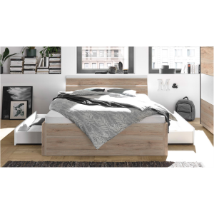 Bedkader 180 cm, licht eikendecor en wit, 2 lades en verlicht hoofdbord Bedkader 180 cm, licht eikendecor en wit, 2 lades en verlicht hoofdbord